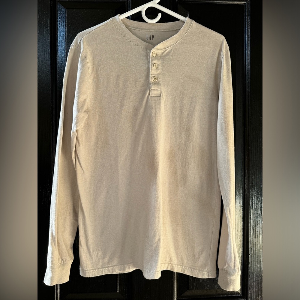 Men’s GAP size, small lightweight, long, sleeved, light tan, beige shirt